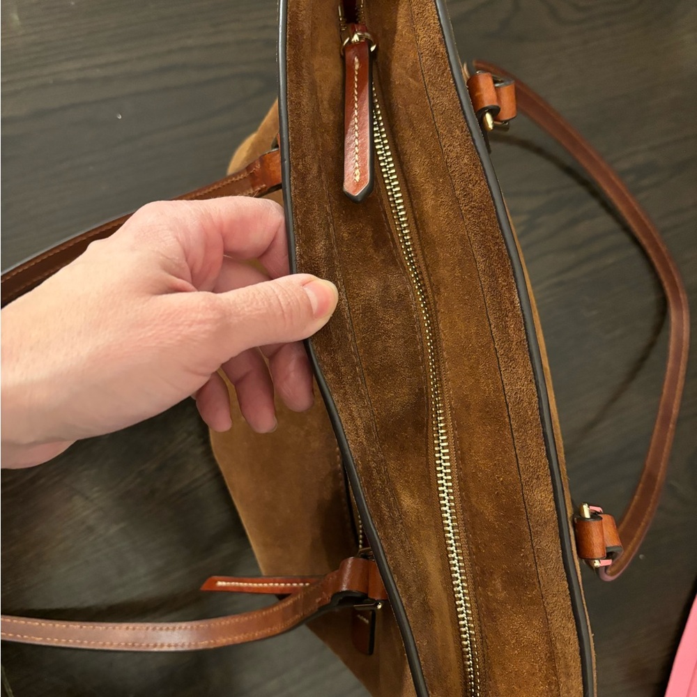 Dooney & Bourke Shopper Bag Caramel Suede Zip Top Tote | Feet | Medium - Picture 8 of 11